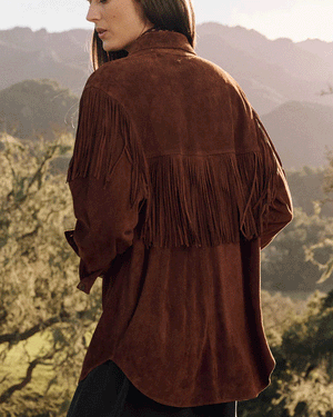 Cognac Suede Fringe Shirt Jacket