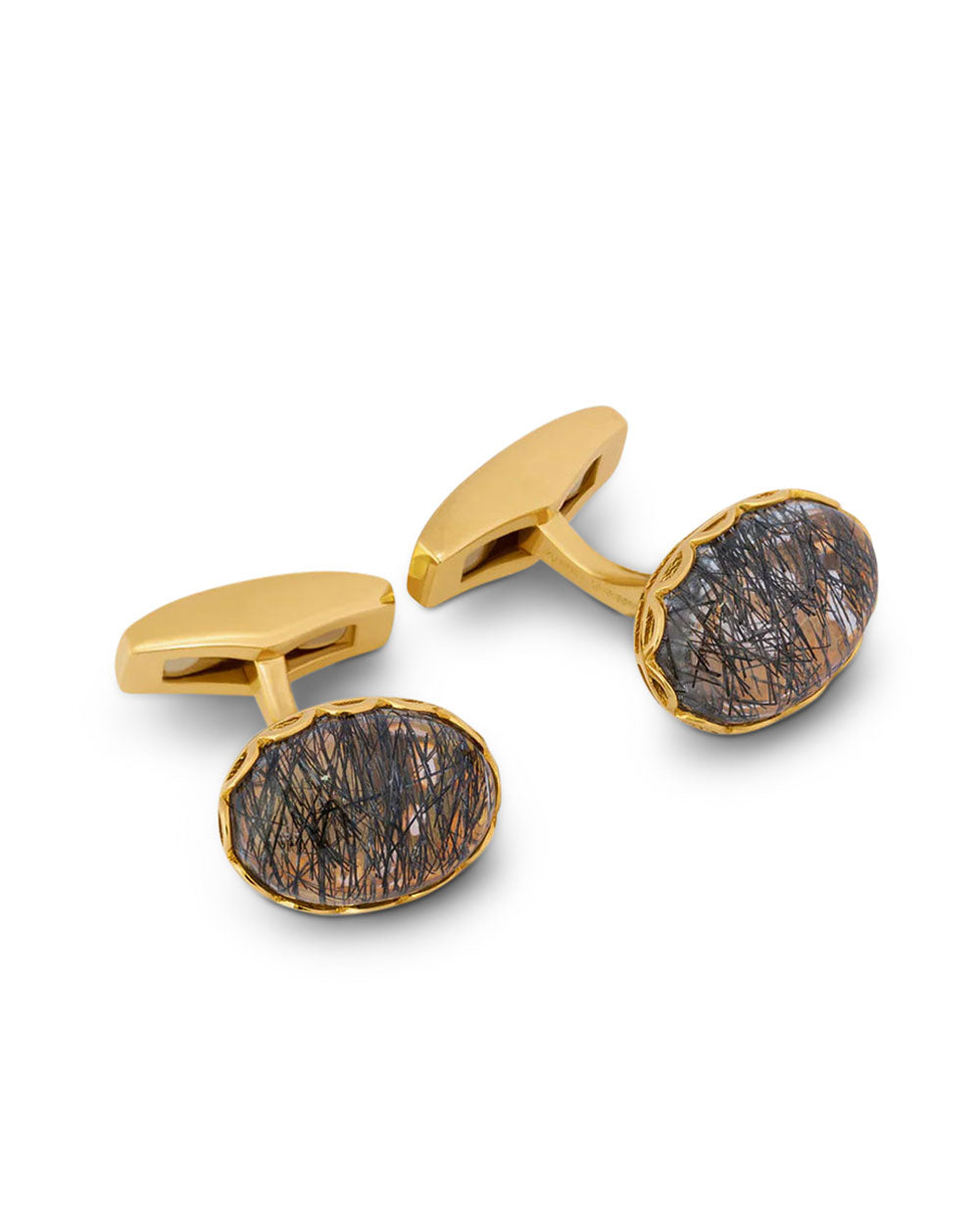 Black Rutilated Quartz Yellow Gold Plated Sterling Silver Oval Cufflinks