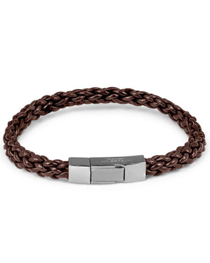 Silver and Brown Braided Leather Click Trenza Bracelet