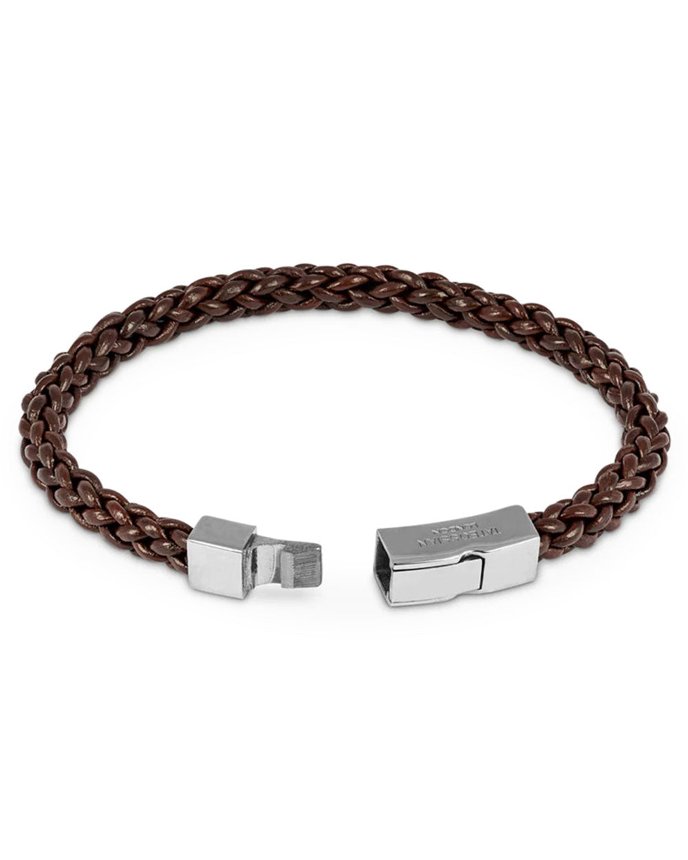 Silver and Brown Braided Leather Click Trenza Bracelet