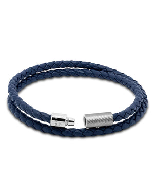 Silver and Navy Braided Leather Doublewrap Pop Rigato Bracelet
