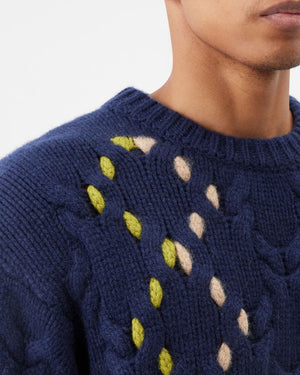 Navy and Green Cableknit Crewneck Sweater