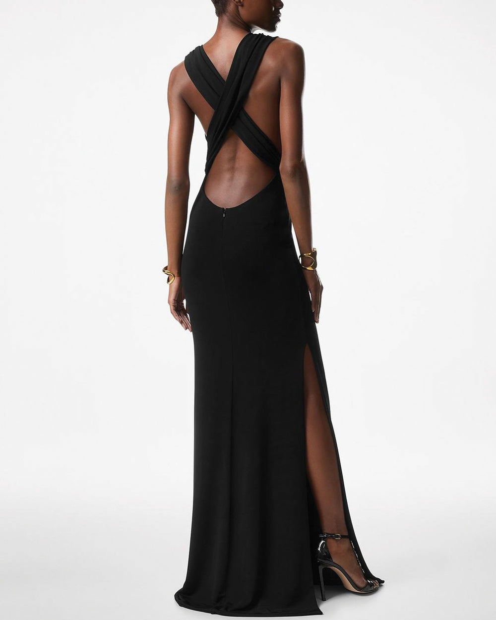 Black Jersey Sable Deep V Evening Dress