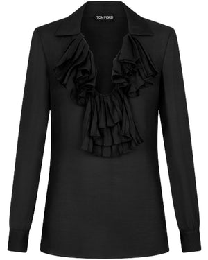 Black Ruffle Placket Silk Blouse