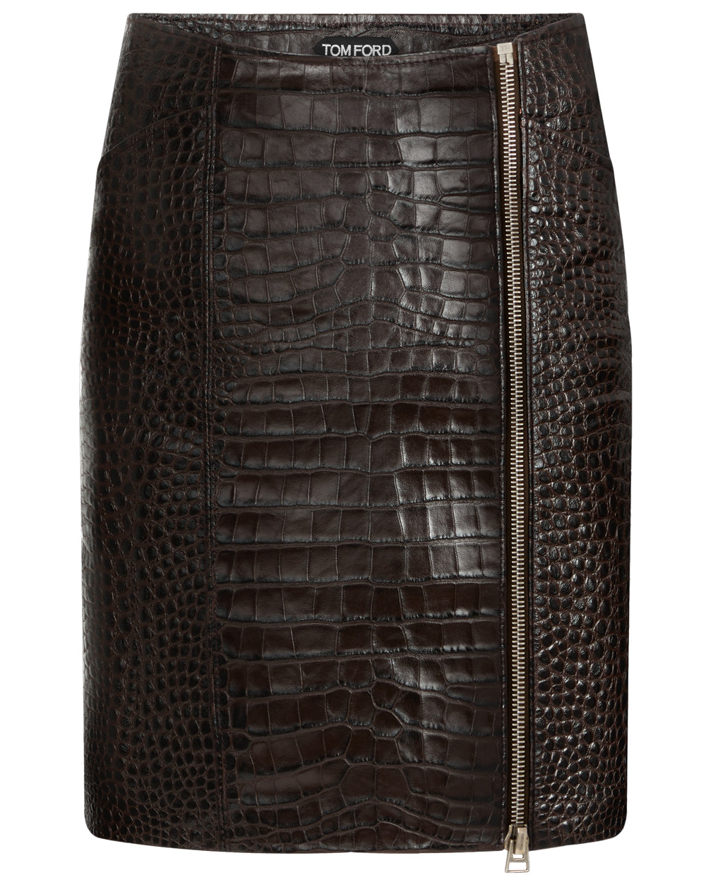 Chocolate Crocodile Embossed Leather Zip Skirt