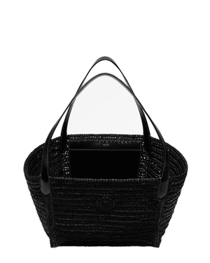 Medium Tara Raffia and Leather Tote in Black