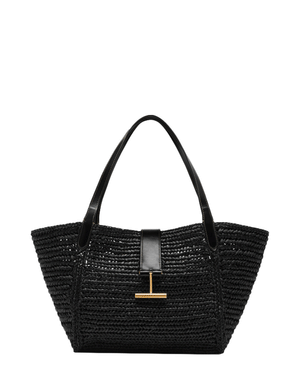 Medium Tara Raffia and Leather Tote in Black