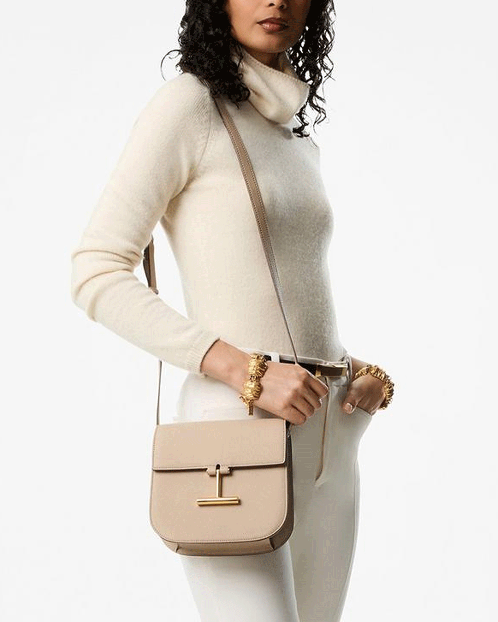 Mini Tara Grained Leather Crossbody in Light Beige