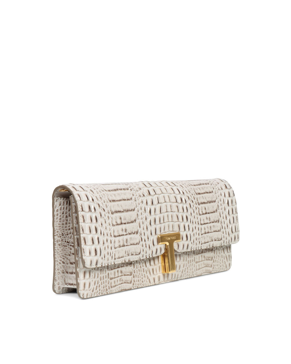 Mini Wallis Shiny Embossed Crocodile Clutch in Pearl Grey