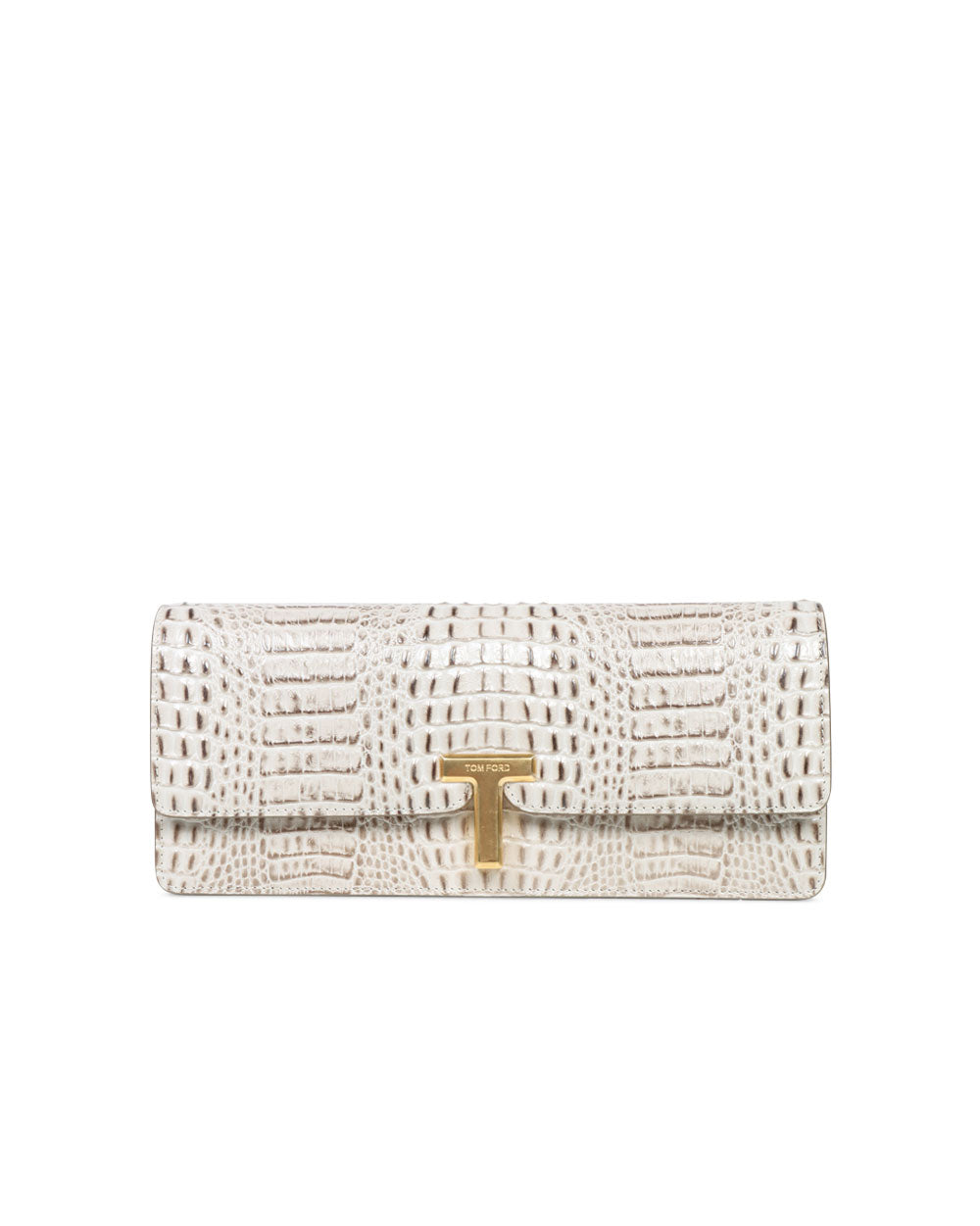 Mini Wallis Shiny Embossed Crocodile Clutch in Pearl Grey