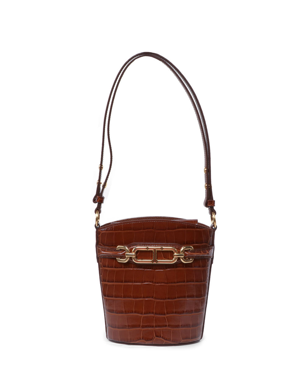 Small Shiny Stamped Crocodile Bucket Bag in Brown