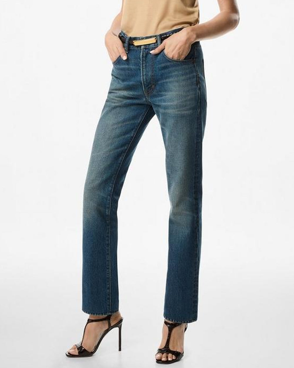 Stone Washed Straight Jean in Mid Blue