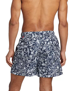Navy and White Printed Swim Shorts