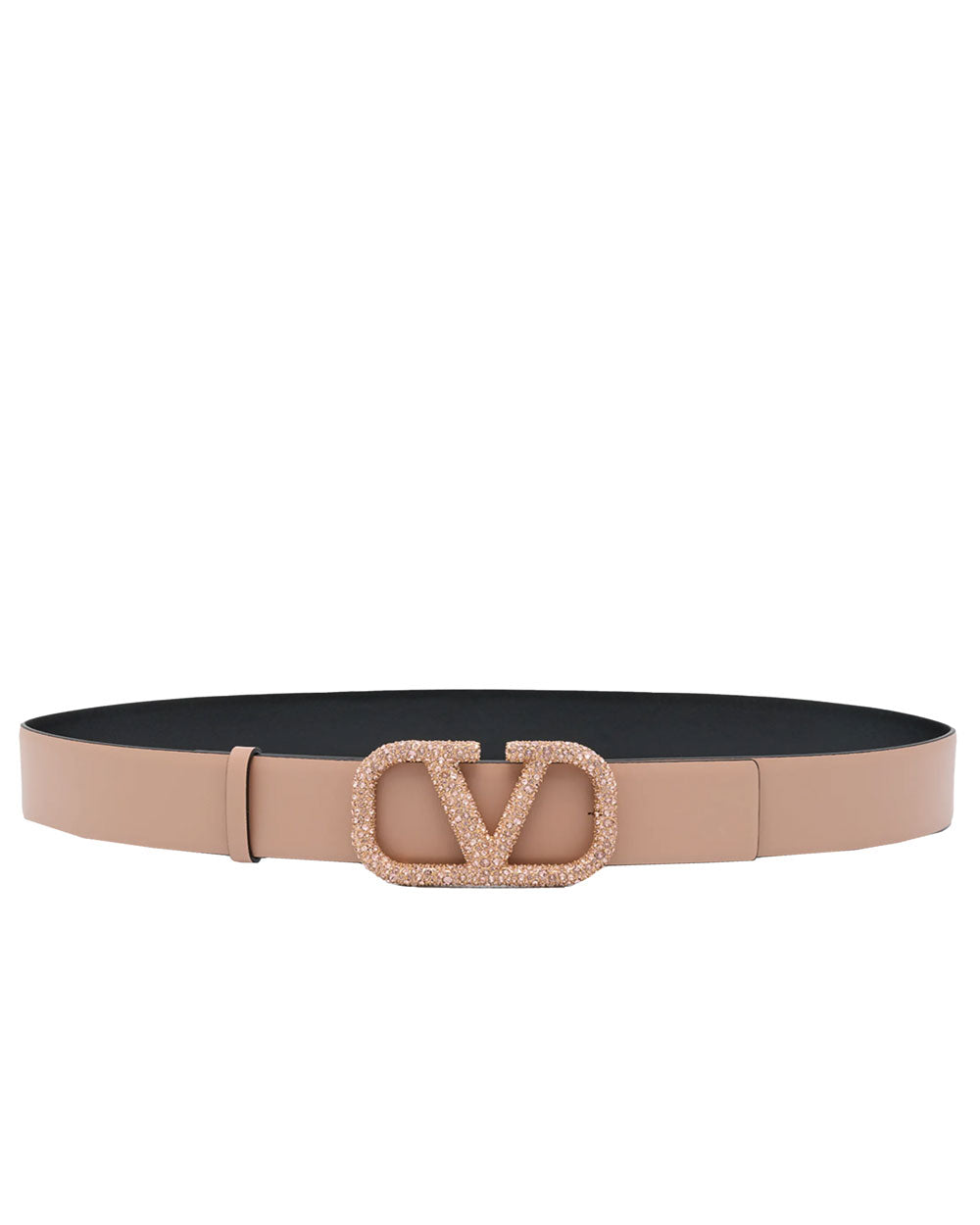 Reversible Embellished V-Logo Belt in Blush and Black