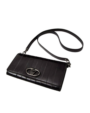 Bold VLogo Textured Leather Wallet with Shoulder Strap in Nero