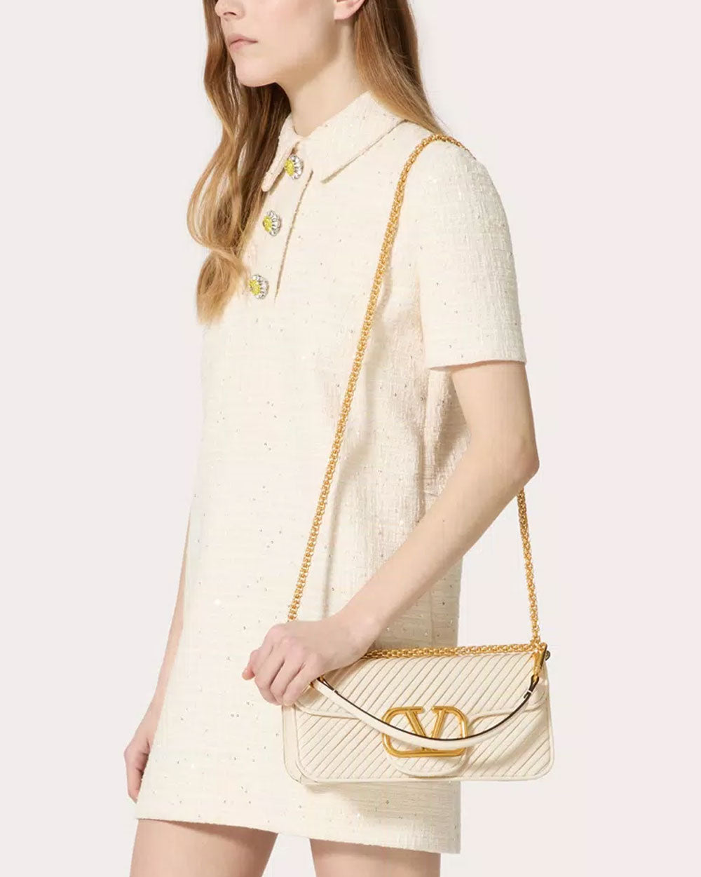 Locó Pleated Nappa Shoulder Bag in Ivory