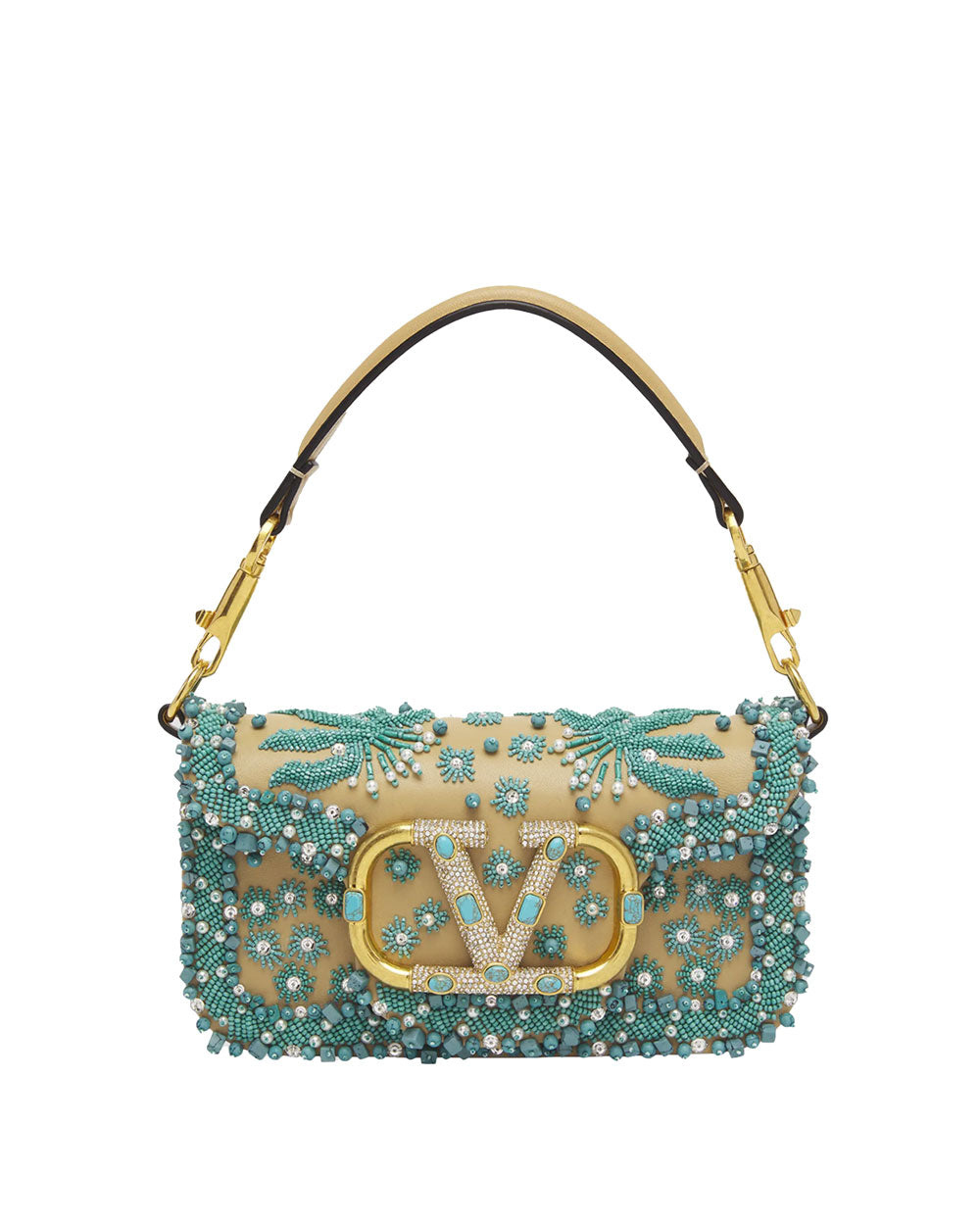 Small Loco Beaded Chain Shoulder Bag in Turchese Crystal Cappuccino