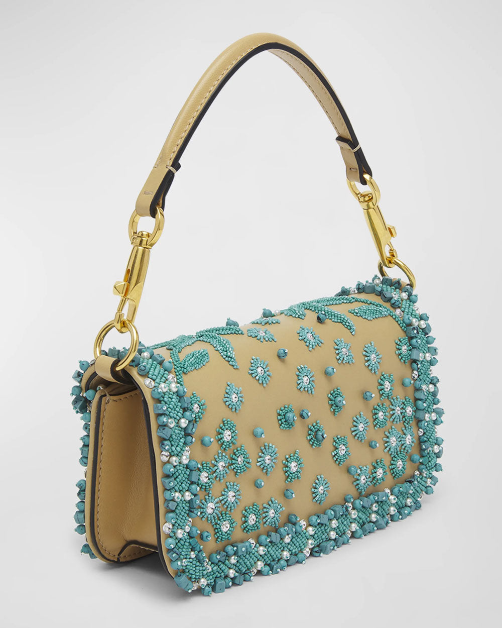 Small Loco Beaded Chain Shoulder Bag in Turchese Crystal Cappuccino