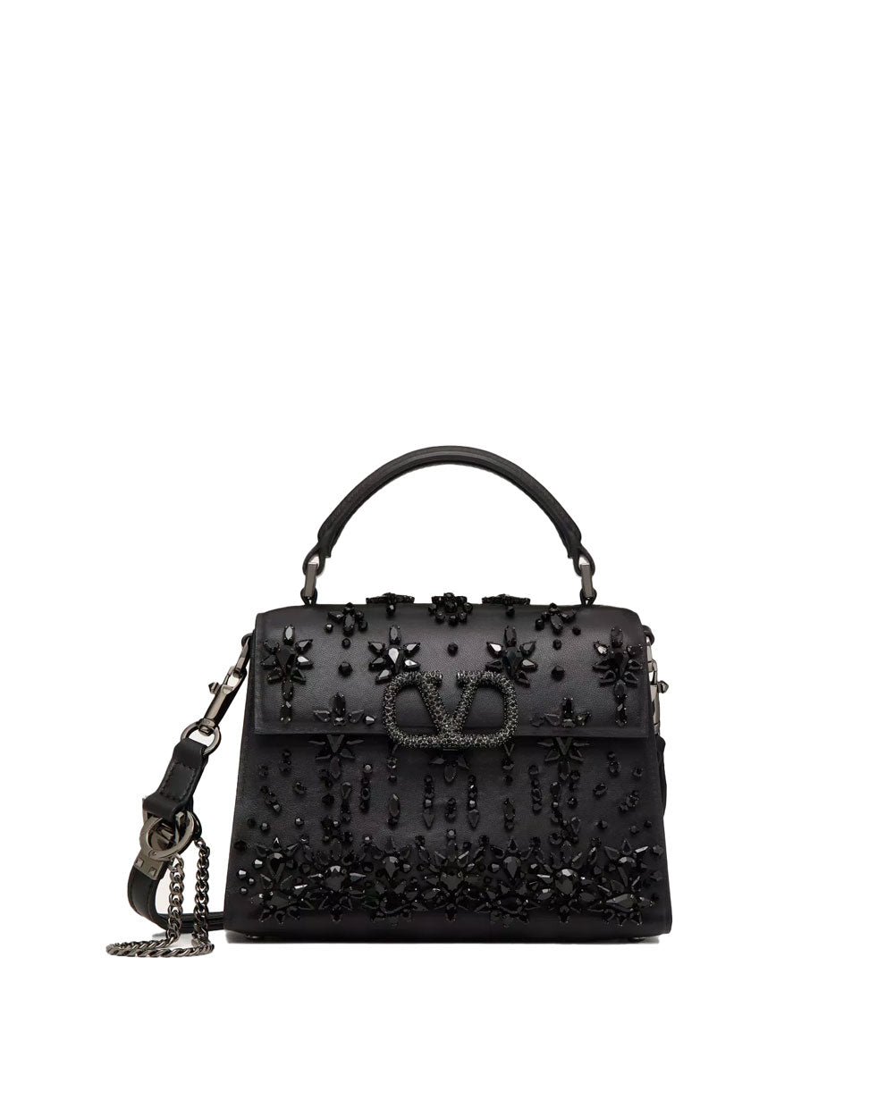 Mini VSling Jewel Embroidered Top Handle Bag in Nero