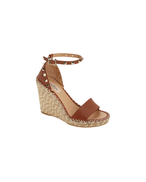 Rockstud Double Wedge Espadrille with Platinum Studs in Natural