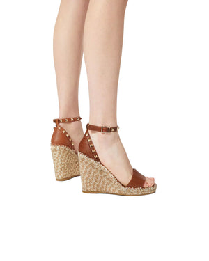 Rockstud Double Wedge Espadrille with Platinum Studs in Natural