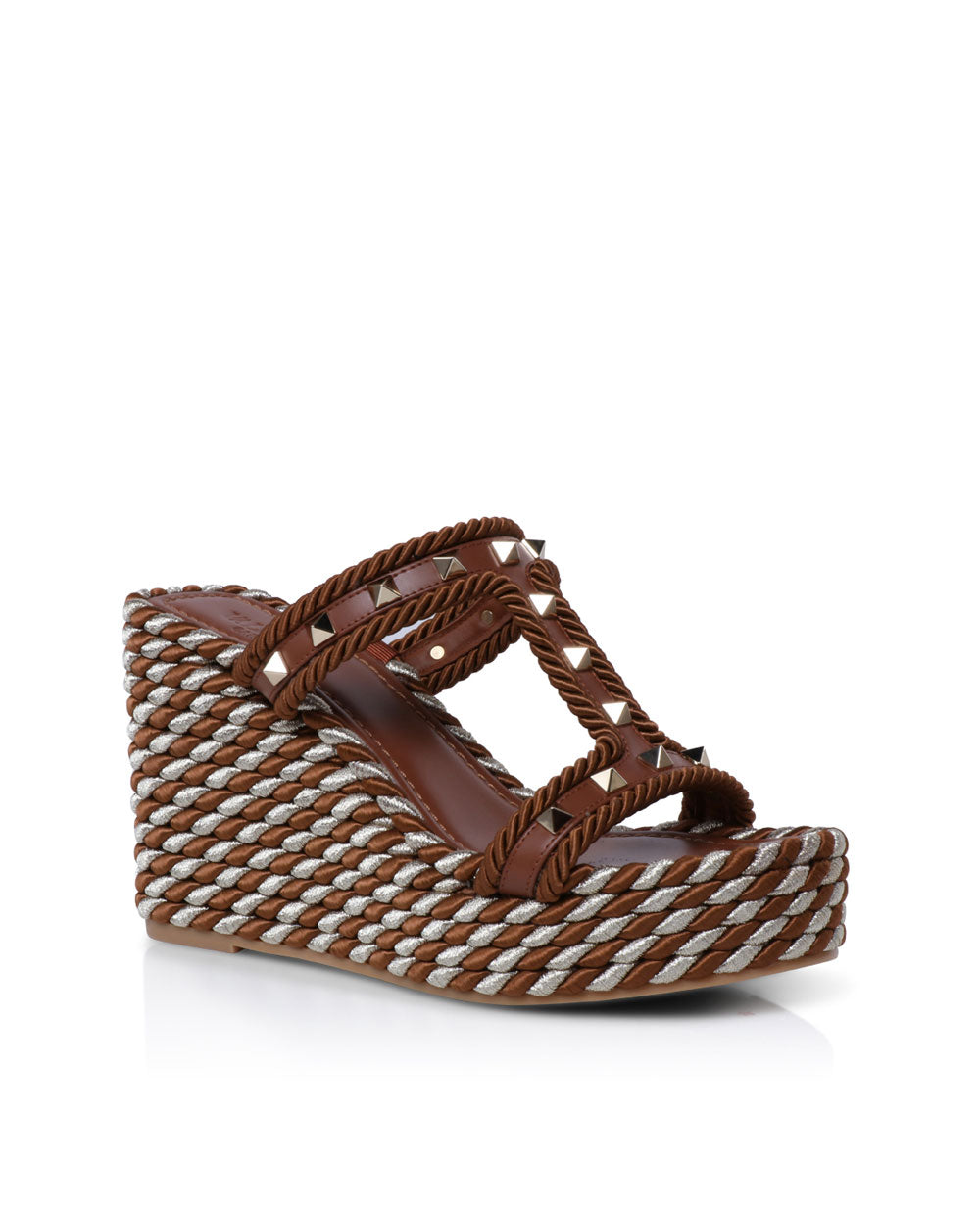 Rockstud Laminated Nappa Wedge Sandle 90mm in Tobacco