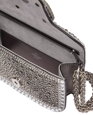 Small Loco Embroidered Shoulder Bag in Silver Rhinestone