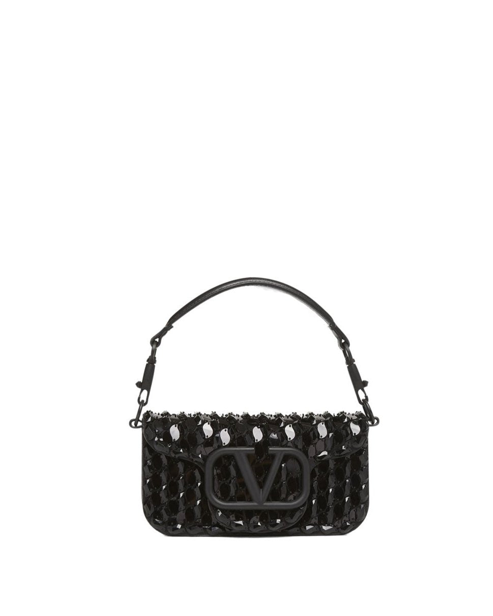 Small Loco Embroidered Sequined Shoulder Bag in Nero Jet