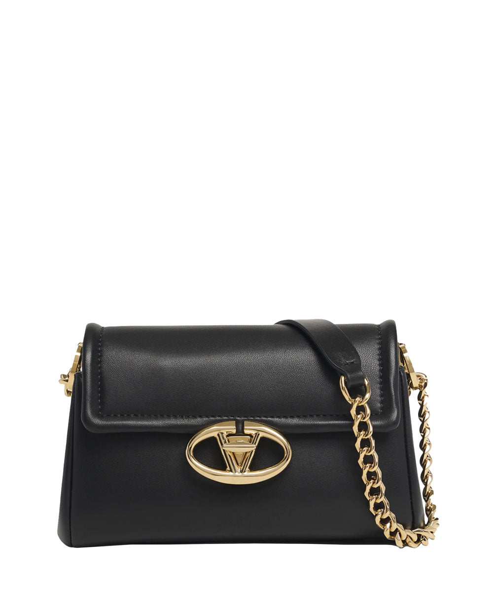 Small VLogo Flap Leather Shoulder Bag in Nero