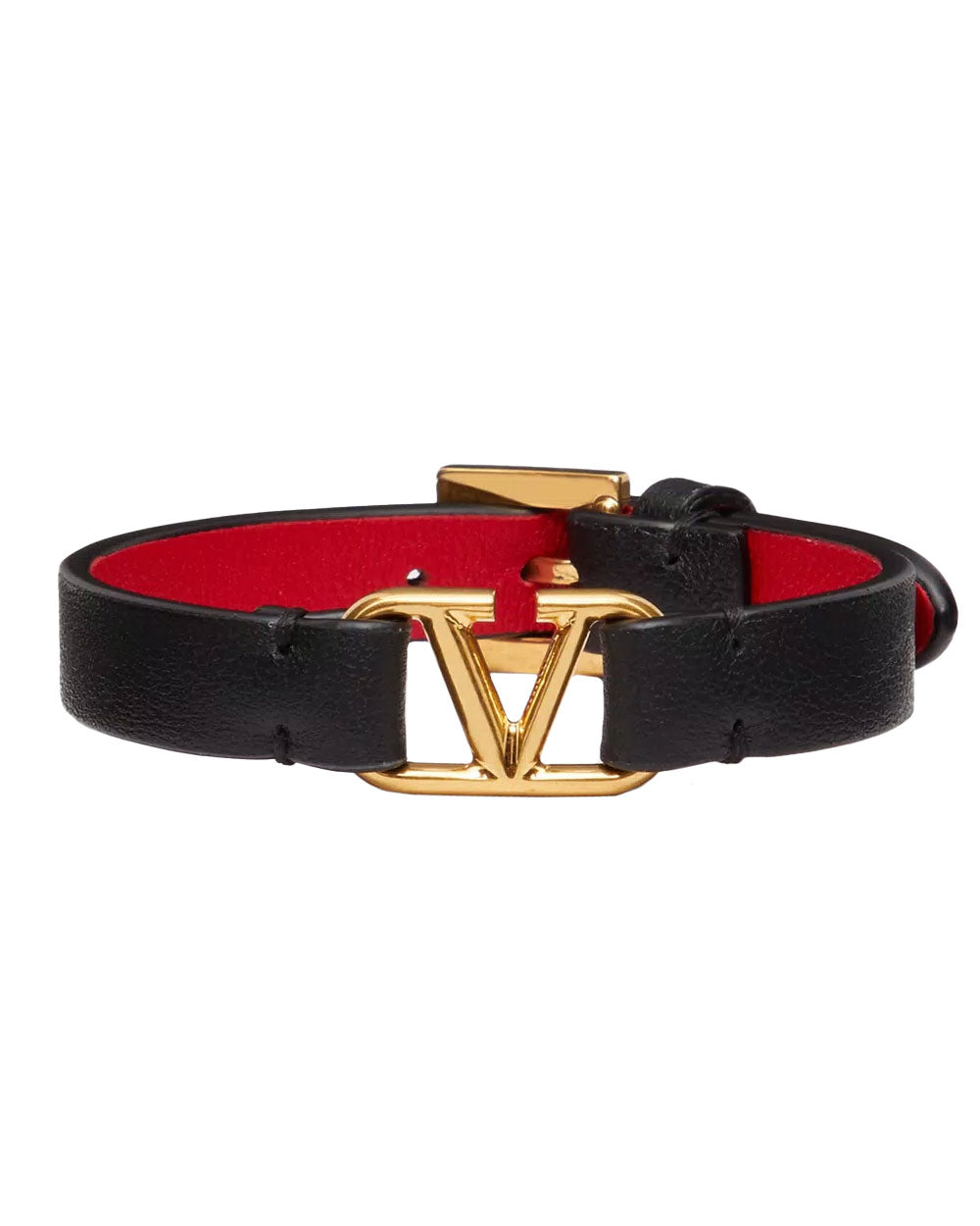 Vlogo Signature Leather Bracelet in Nero and Rouge