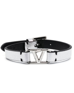 Vlogo Signature Leather Bracelet in Silver