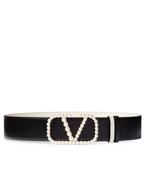 Vlogo Signature Reversible Belt with Pearls in Nero and Ivory