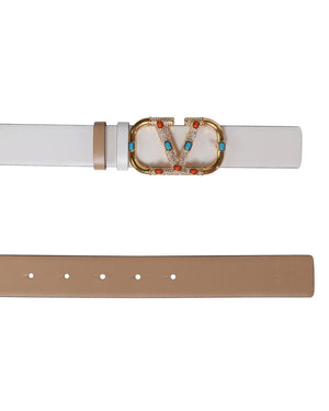 Vlogo Signature Rhinestone and Beaded Belt in Ivory and Cappuccino