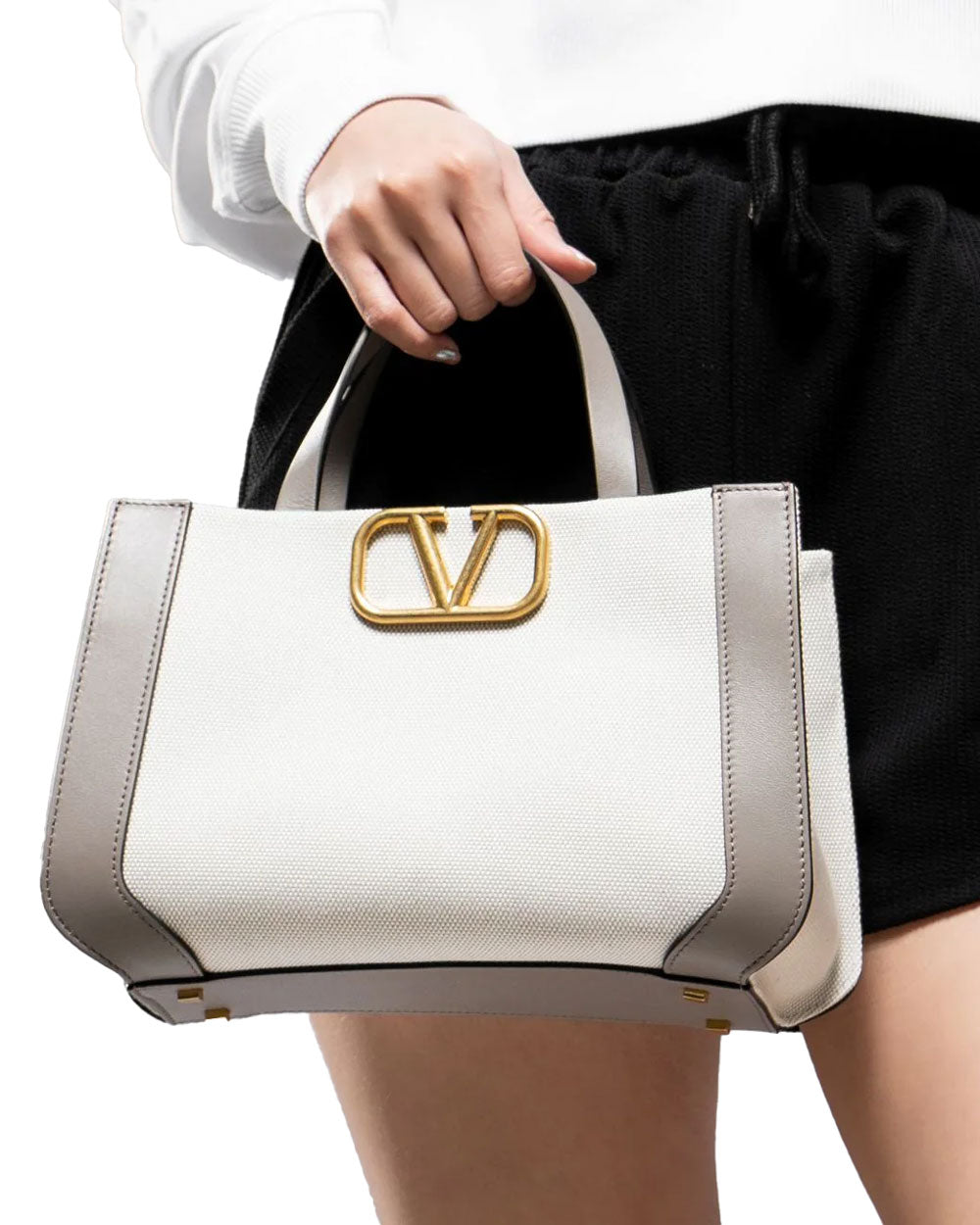 V Logo Signature Small Tote Bag in White - Valentino Garavani
