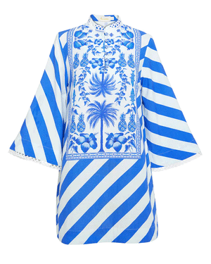 Draped Kaftan Mini Dress in Blue and White Azulejos Print