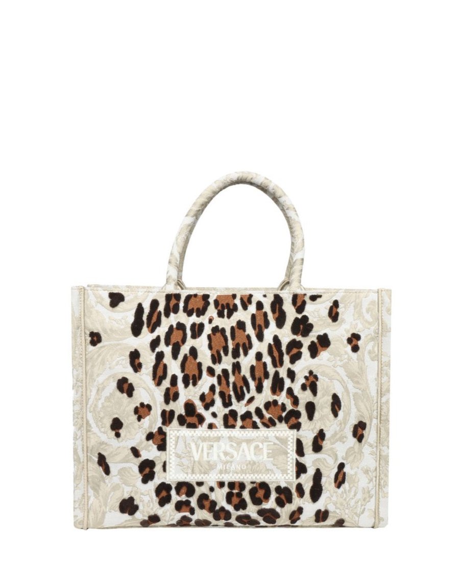 Large Athena Embroidery Jacquard Leopard Tote in Gold