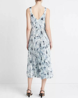 Pale Azure Washed Lily Pleated Slip Dress