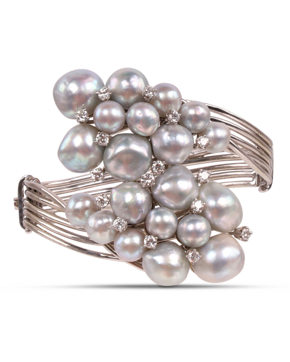 Grey Pearl and Diamond Cluster Clamp Bracelet
