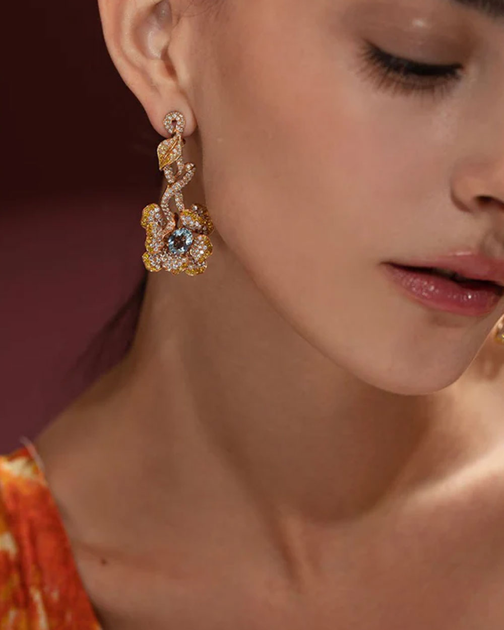 Aquamarine Gold Diamond Flower Earrings