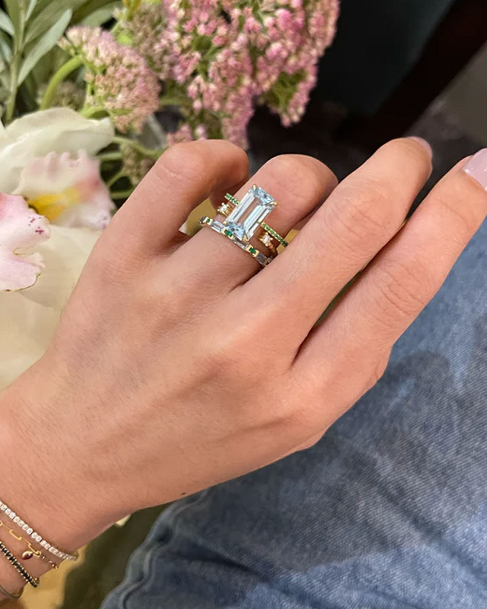 Aquamarine and Emerald Infinity Ring