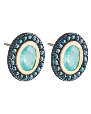 Paraiba Tourmaline and Blue Rose Cut Diamond Stud Earrings