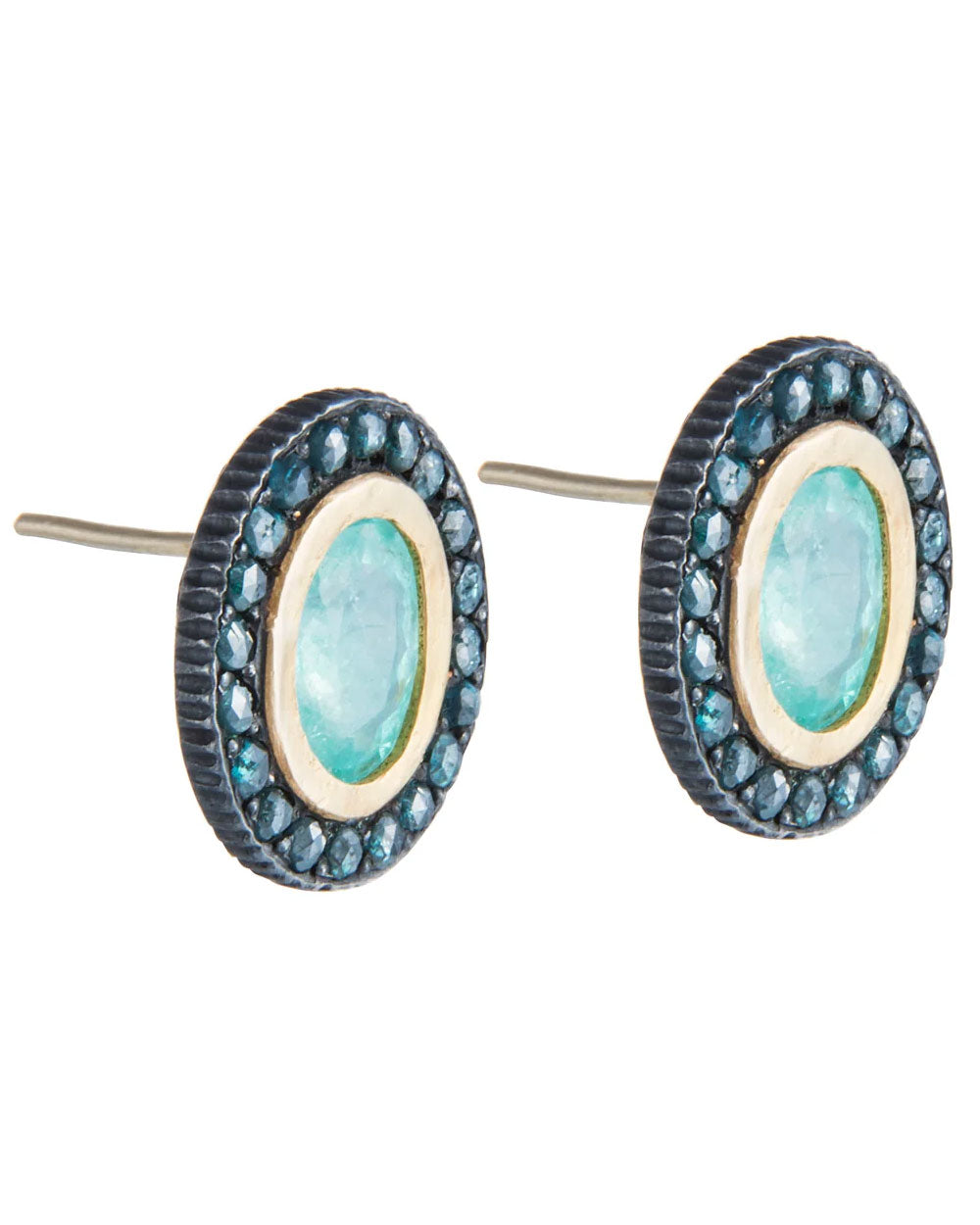 Paraiba Tourmaline and Blue Rose Cut Diamond Stud Earrings
