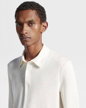 White Silk Cashmere and Linen Long Sleeve Polo