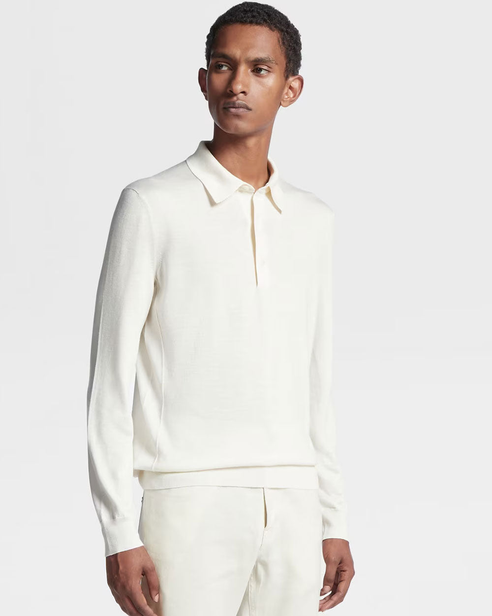 White Silk Cashmere and Linen Long Sleeve Polo