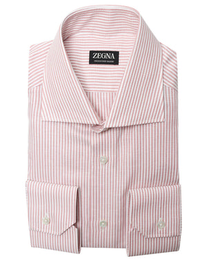 Pink and White Striped Crossover Blend Dress Shirt