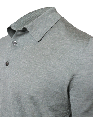 Sage Green Flamed Silk and Cashmere Blend Long Sleeve Polo