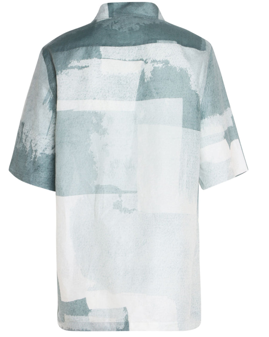Sea Blue and White Abstract Linen Blend Short Sleeve Sportshirt