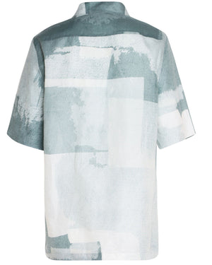 Sea Blue and White Abstract Linen Blend Short Sleeve Sportshirt