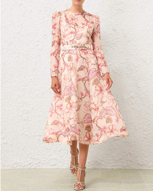 Coral Hibiscus Floral Matchmaker Long Sleeve Midi Dress