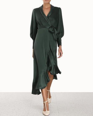 Dark Green Silk Wrap Midi Dress